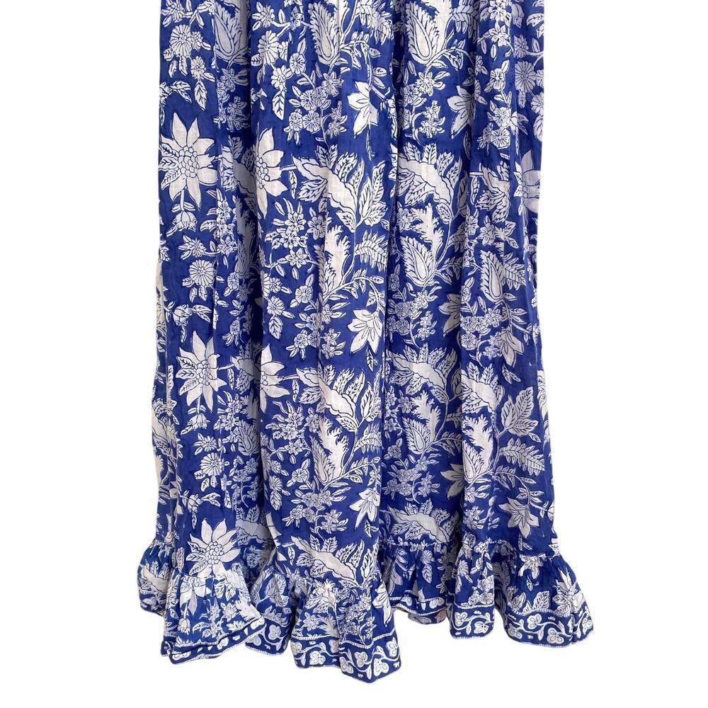 Mary Marshmallow Poppy Long Blue Block Print Smocked Puff Sleeve Midi Dress - Picture 4 of 6
